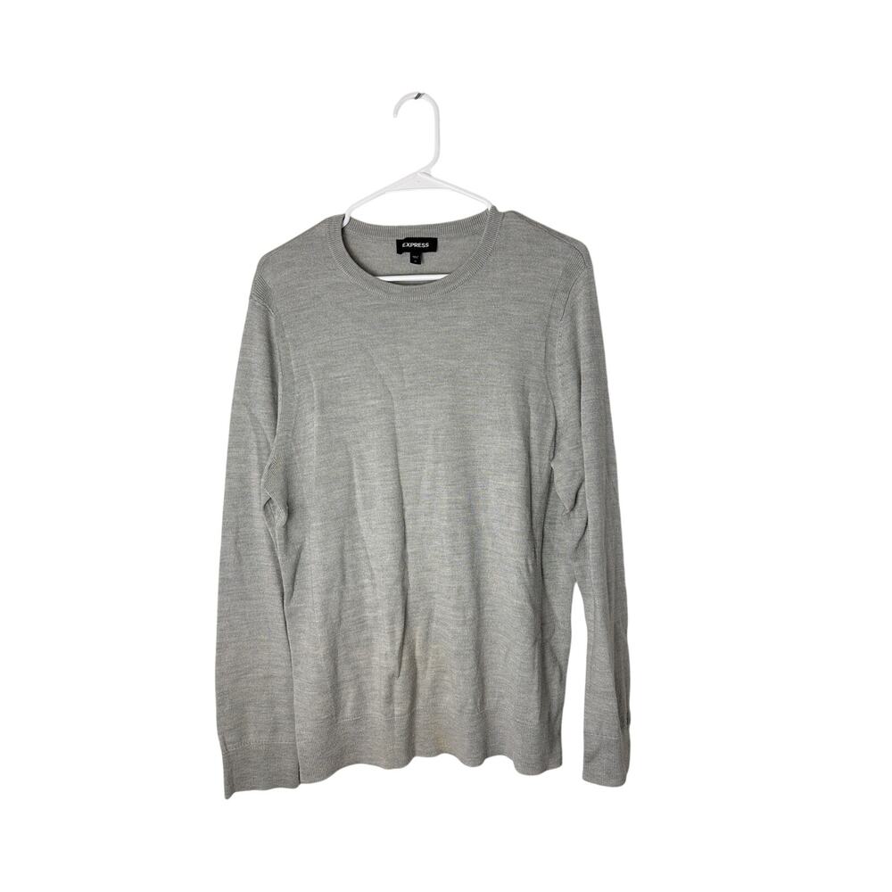 Express Mens Medium Gray Merino Wool Blend Crewneck Pullover Lightweight Sweater